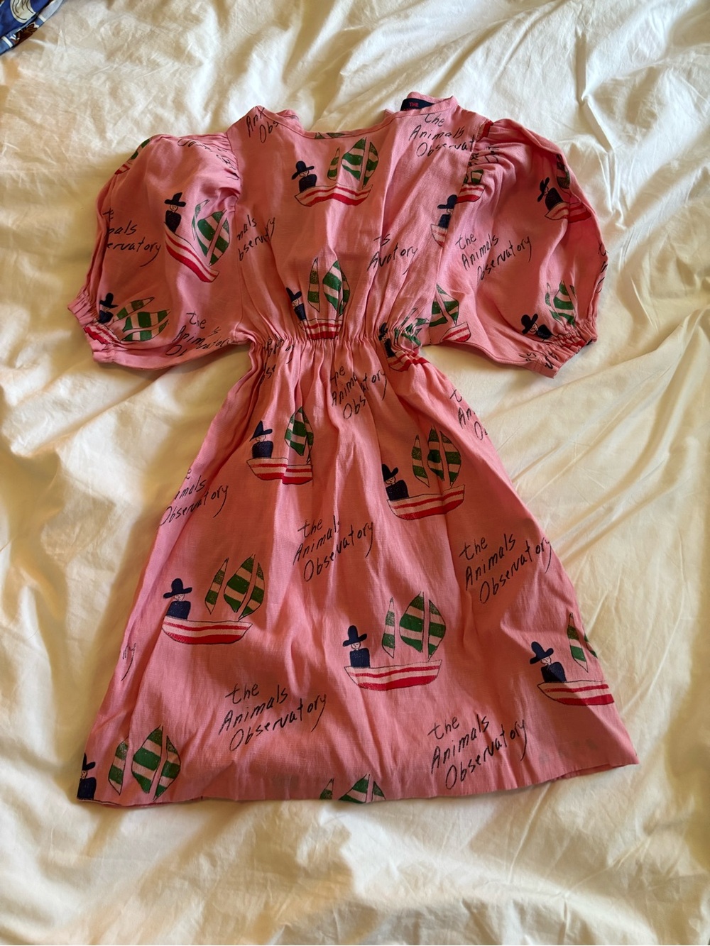 Girls' Pink Puff-Sleeve Casual Dress with Nautical Print